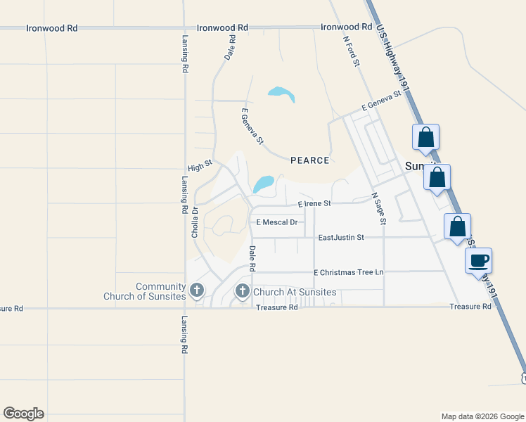 map of restaurants, bars, coffee shops, grocery stores, and more near 1002 East Irene Street in Sunsites