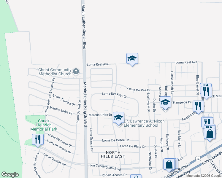 map of restaurants, bars, coffee shops, grocery stores, and more near 4568 Loma Linda Circle in El Paso