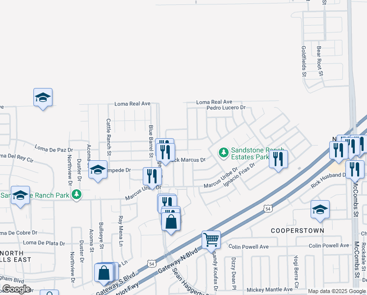 map of restaurants, bars, coffee shops, grocery stores, and more near 5333 Manuel Puentes Court in El Paso