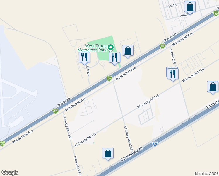 map of restaurants, bars, coffee shops, grocery stores, and more near 7907 West Industrial Avenue in Midland