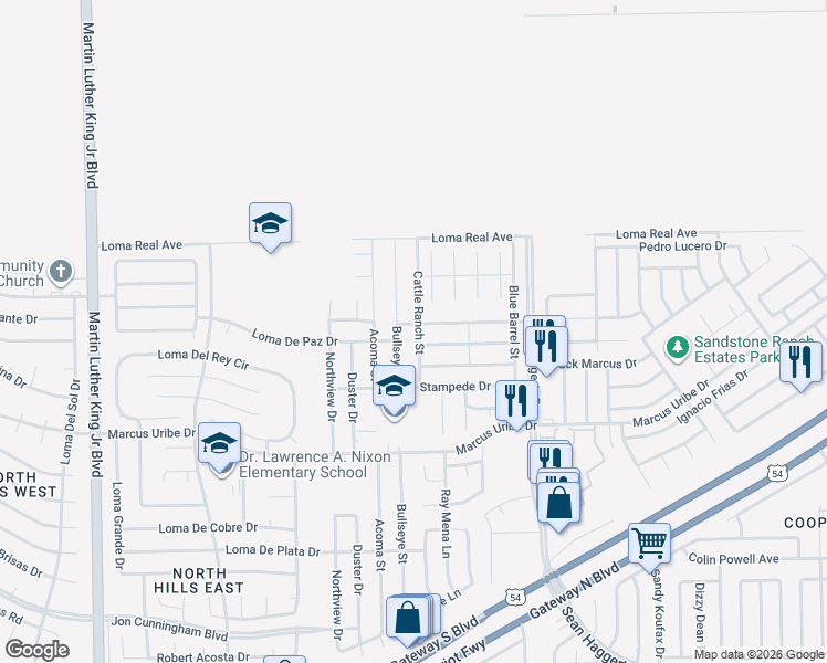 map of restaurants, bars, coffee shops, grocery stores, and more near 11313 Cattle Ranch Street in El Paso