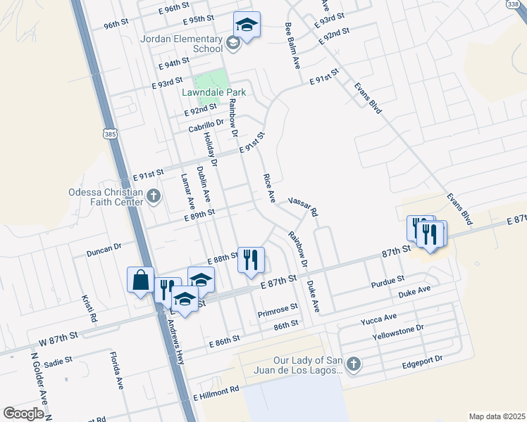 map of restaurants, bars, coffee shops, grocery stores, and more near 8848 Rainbow Drive in Odessa