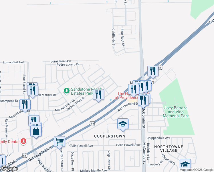 map of restaurants, bars, coffee shops, grocery stores, and more near 5549 Gustavo Madrid Lane in El Paso