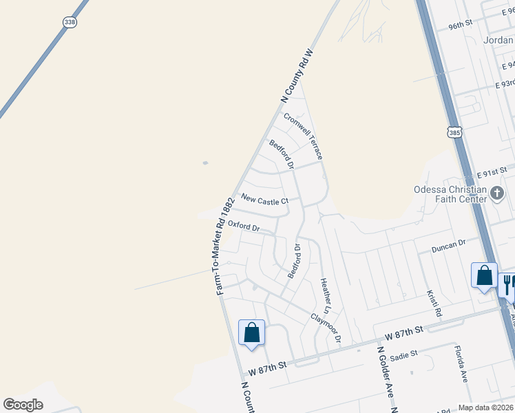map of restaurants, bars, coffee shops, grocery stores, and more near 823 New Castle Ct in Odessa