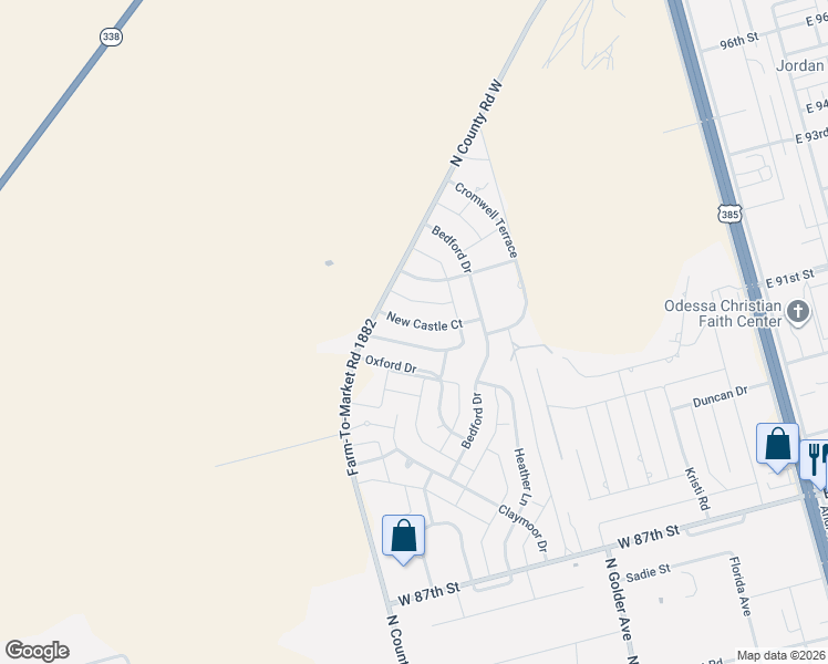 map of restaurants, bars, coffee shops, grocery stores, and more near 823 New Castle Court in Odessa