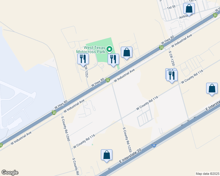 map of restaurants, bars, coffee shops, grocery stores, and more near 7907 West Industrial Avenue in Midland