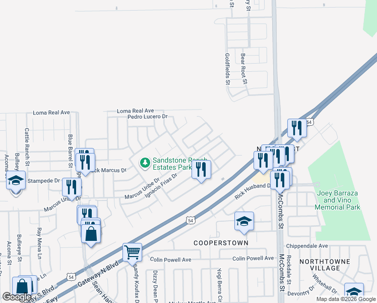 map of restaurants, bars, coffee shops, grocery stores, and more near 11409 Mike Vane Drive in El Paso