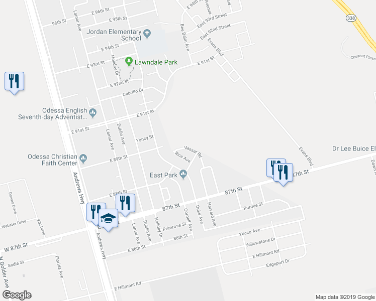 map of restaurants, bars, coffee shops, grocery stores, and more near 8813 Vasser Road in Odessa