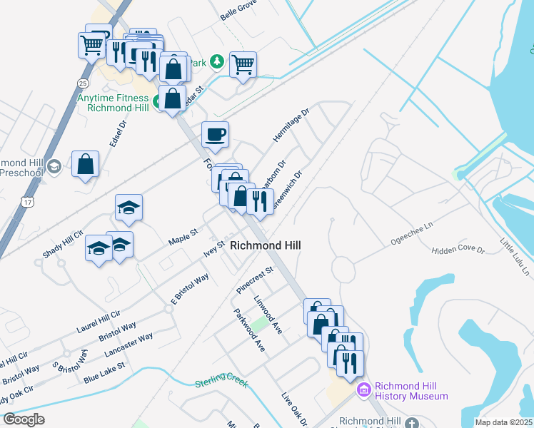 map of restaurants, bars, coffee shops, grocery stores, and more near 282 Greenwich Drive in Richmond Hill