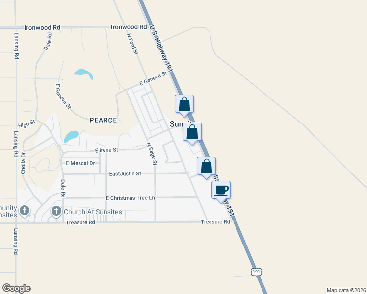 map of restaurants, bars, coffee shops, grocery stores, and more near 214 North Ford Street in Cochise County