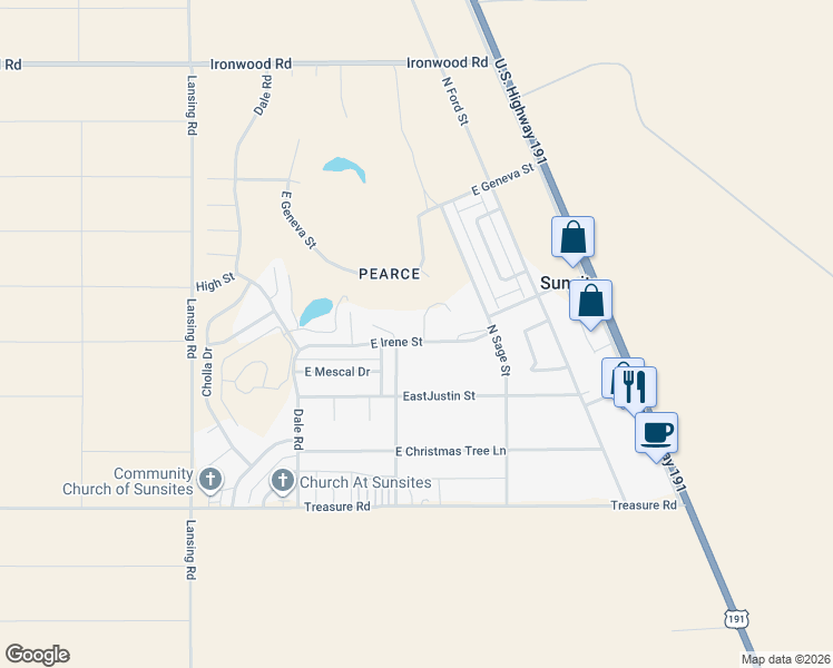 map of restaurants, bars, coffee shops, grocery stores, and more near 1101 East Irene Street in Cochise County