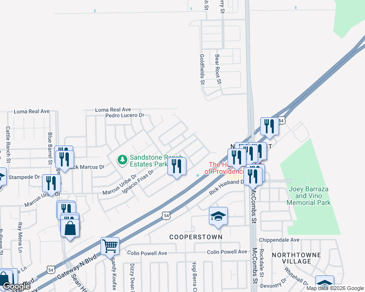 map of restaurants, bars, coffee shops, grocery stores, and more near 5521 Ignacio Frias Drive in El Paso