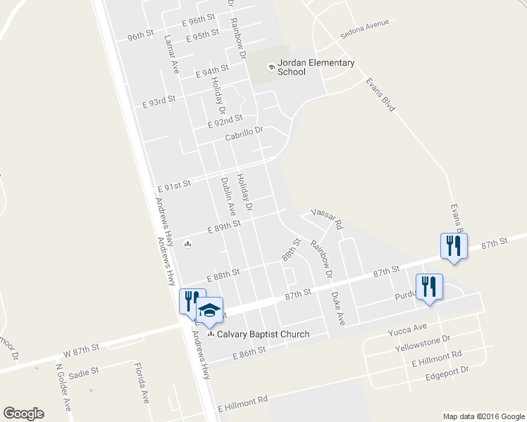 map of restaurants, bars, coffee shops, grocery stores, and more near 515 East 89th Street in Odessa