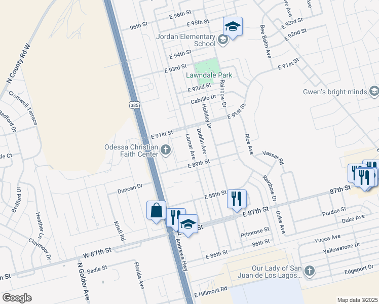 map of restaurants, bars, coffee shops, grocery stores, and more near 8919 Lamar Avenue in Odessa