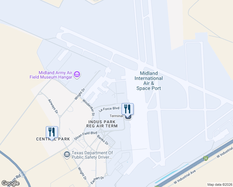 map of restaurants, bars, coffee shops, grocery stores, and more near Pliska Drive in Midland