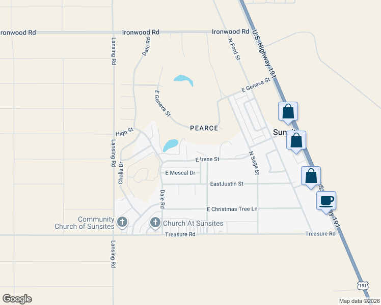 map of restaurants, bars, coffee shops, grocery stores, and more near 1030 Irene Cir in Pearce