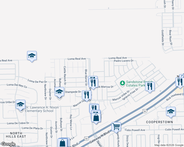 map of restaurants, bars, coffee shops, grocery stores, and more near 11352 Blue Barrel Street in El Paso