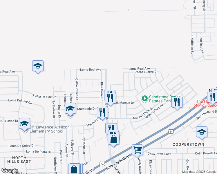 map of restaurants, bars, coffee shops, grocery stores, and more near 11352 Blue Barrel Street in El Paso