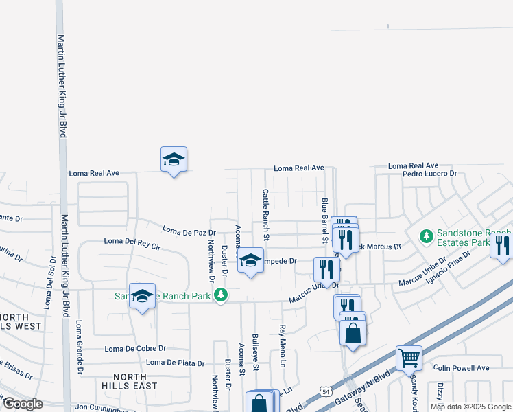 map of restaurants, bars, coffee shops, grocery stores, and more near 11353 Cattle Ranch Street in El Paso