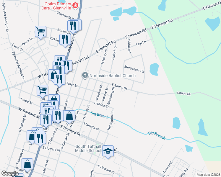 map of restaurants, bars, coffee shops, grocery stores, and more near 603 East Simon Street in Glennville