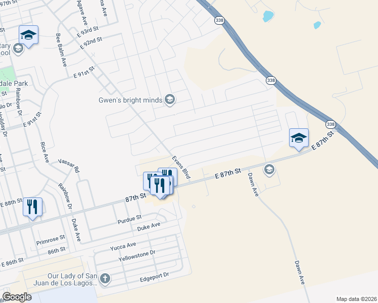 map of restaurants, bars, coffee shops, grocery stores, and more near Evans Boulevard in Odessa