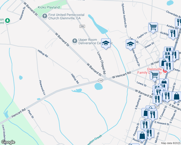 map of restaurants, bars, coffee shops, grocery stores, and more near 711 West Barnard Street in Glennville