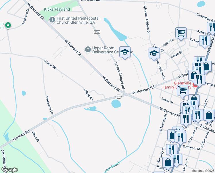 map of restaurants, bars, coffee shops, grocery stores, and more near 711 West Barnard Street in Glennville