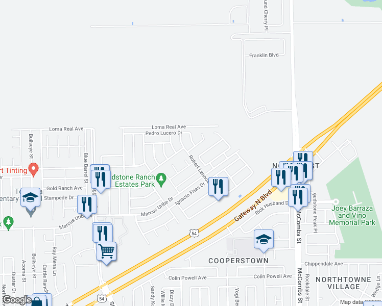map of restaurants, bars, coffee shops, grocery stores, and more near 5500 Dennis Cavin Lane in El Paso
