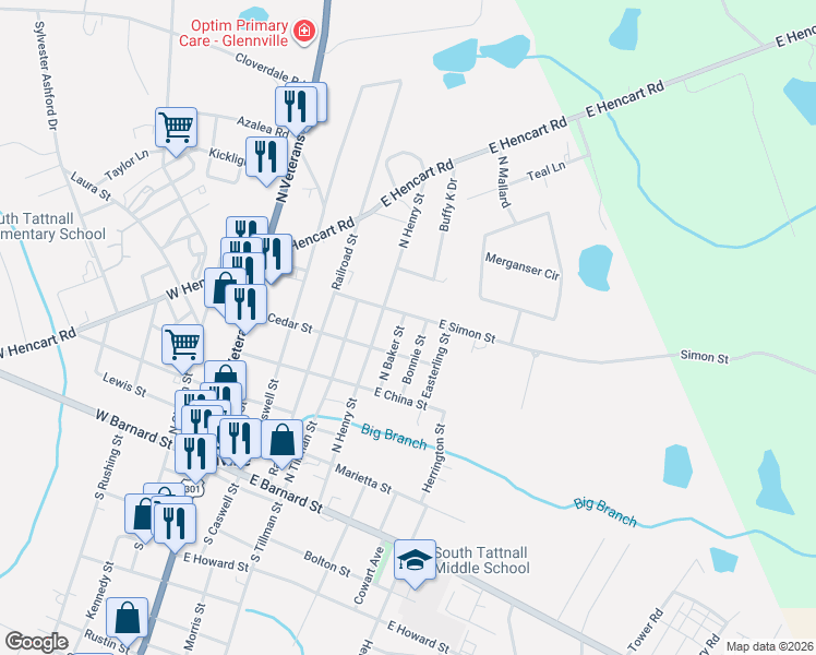 map of restaurants, bars, coffee shops, grocery stores, and more near 505 North Baker Street in Glennville