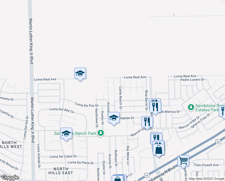map of restaurants, bars, coffee shops, grocery stores, and more near 4832 New Ranch Court in El Paso