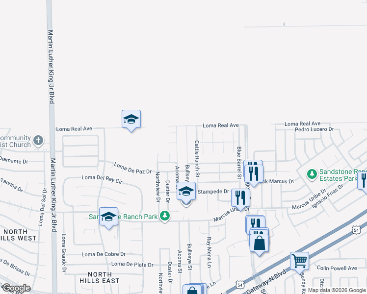 map of restaurants, bars, coffee shops, grocery stores, and more near 4832 New Ranch Court in El Paso