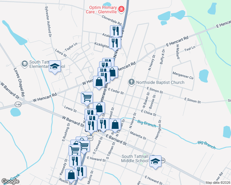 map of restaurants, bars, coffee shops, grocery stores, and more near 414 North Caswell Street in Glennville