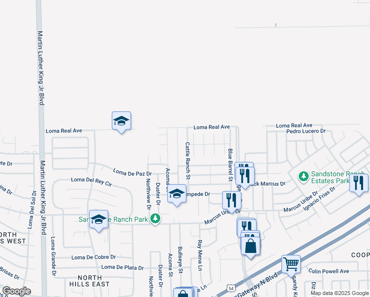 map of restaurants, bars, coffee shops, grocery stores, and more near 11353 Cattle Ranch Street in El Paso