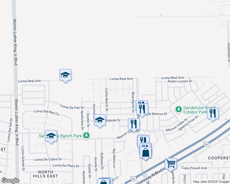 map of restaurants, bars, coffee shops, grocery stores, and more near 11353 South Ranch Court in El Paso