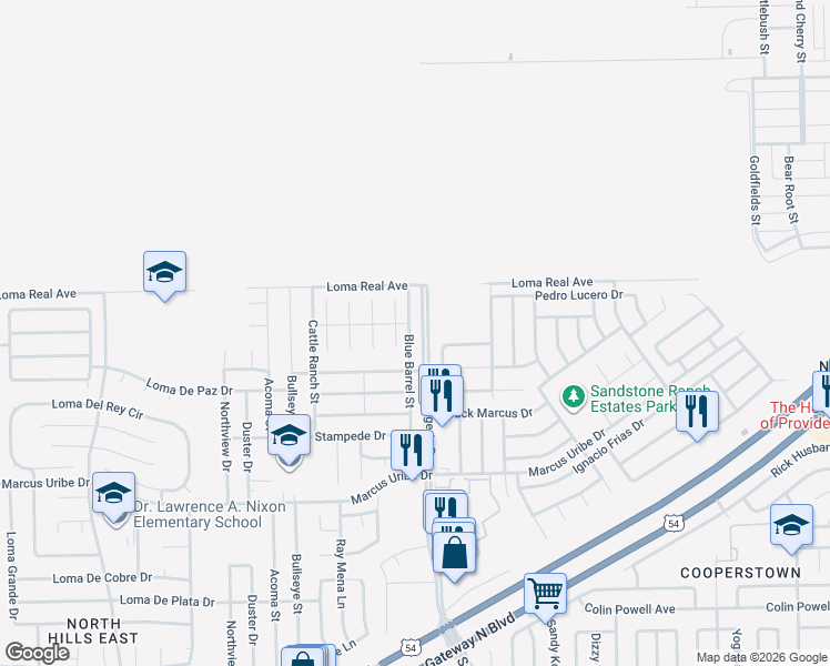 map of restaurants, bars, coffee shops, grocery stores, and more near 11352 Blue Barrel Street in El Paso