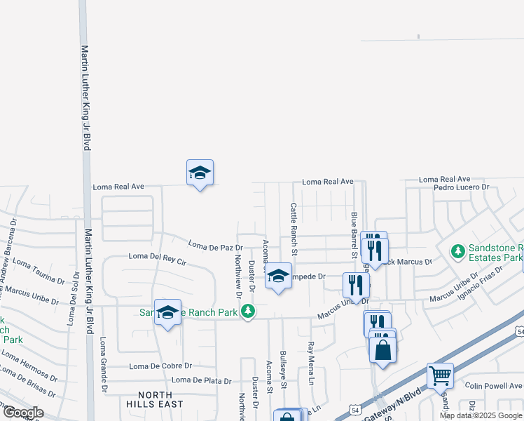 map of restaurants, bars, coffee shops, grocery stores, and more near 4832 New Ranch Court in El Paso