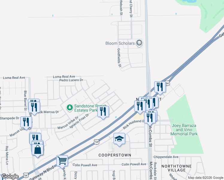 map of restaurants, bars, coffee shops, grocery stores, and more near 5540 Jim Castaneda Drive in El Paso