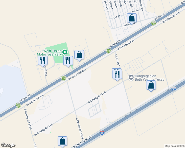 map of restaurants, bars, coffee shops, grocery stores, and more near 7611 West Industrial Avenue in Midland