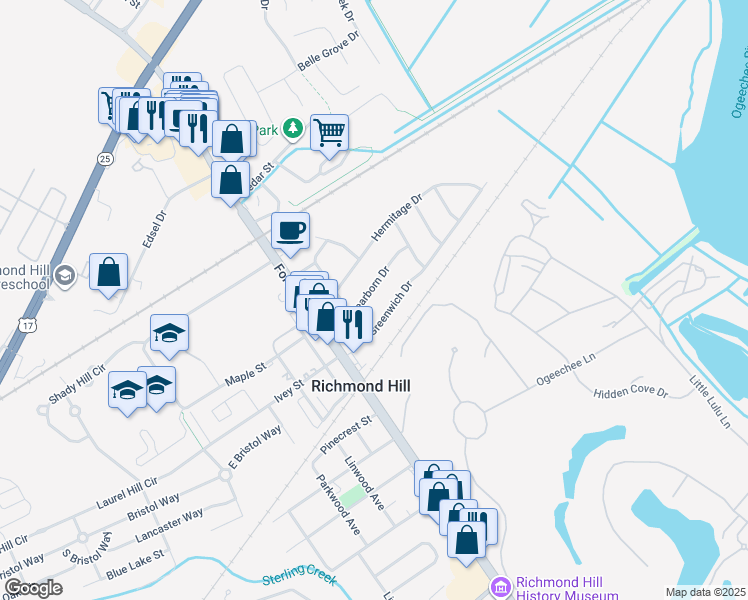 map of restaurants, bars, coffee shops, grocery stores, and more near 142 Dearborn Drive in Richmond Hill