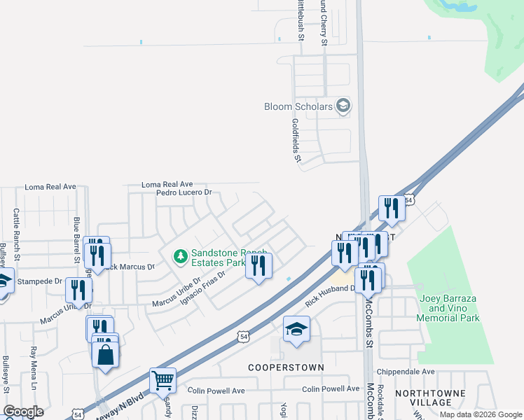 map of restaurants, bars, coffee shops, grocery stores, and more near 5521 Jim Castaneda Drive in El Paso