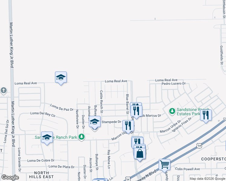 map of restaurants, bars, coffee shops, grocery stores, and more near 11353 South Ranch Court in El Paso