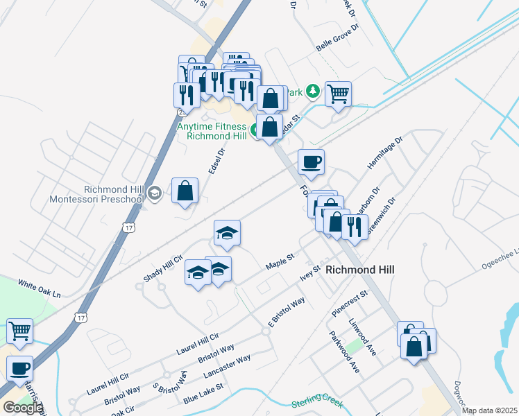 map of restaurants, bars, coffee shops, grocery stores, and more near Frances Meeks Way in Richmond Hill