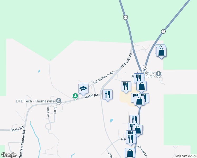 map of restaurants, bars, coffee shops, grocery stores, and more near 800 Old Clairborne Road in Thomasville