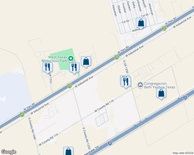 map of restaurants, bars, coffee shops, grocery stores, and more near 7611 West Industrial Avenue in Midland