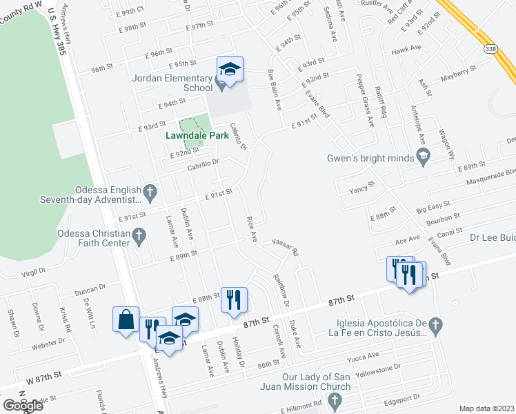 map of restaurants, bars, coffee shops, grocery stores, and more near 9011 Desert Avenue in Odessa
