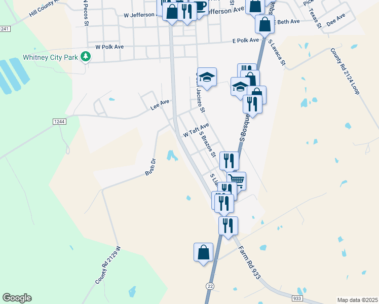 map of restaurants, bars, coffee shops, grocery stores, and more near 405 South Llano Street in Whitney