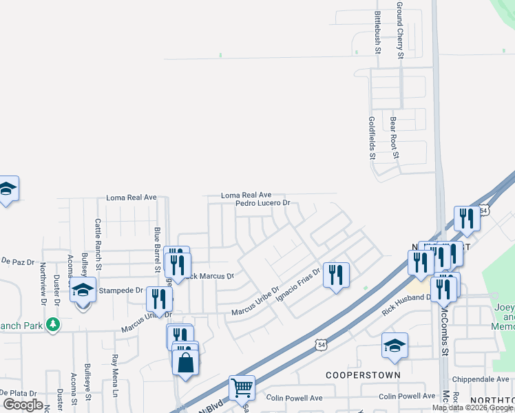 map of restaurants, bars, coffee shops, grocery stores, and more near 5437 Pedro Lucero Drive in El Paso