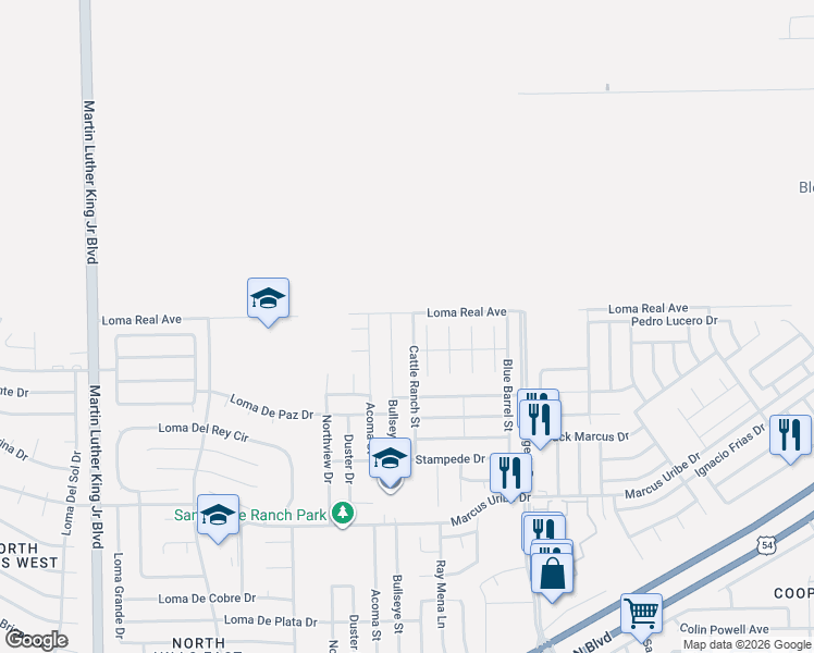map of restaurants, bars, coffee shops, grocery stores, and more near 11393 Cattle Ranch Street in El Paso