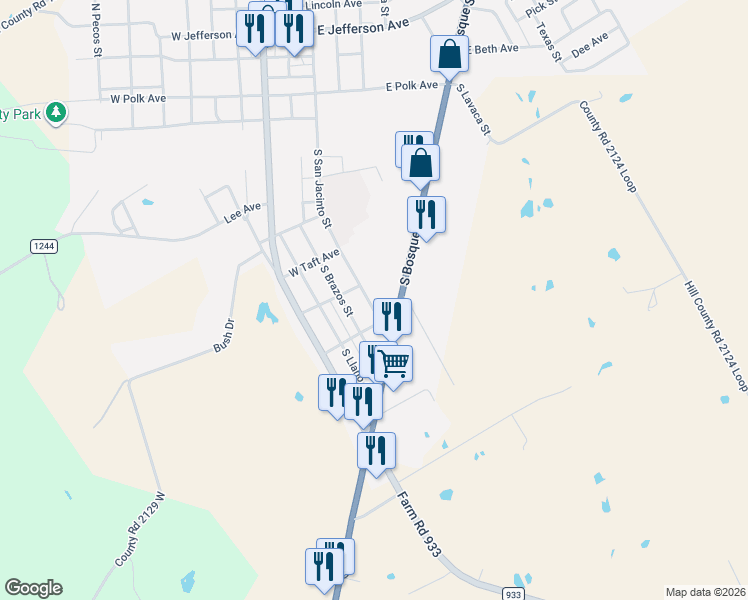 map of restaurants, bars, coffee shops, grocery stores, and more near 508 South Bosque Street in Whitney