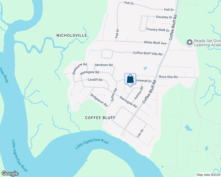 map of restaurants, bars, coffee shops, grocery stores, and more near 1 Cardiff Road in Savannah